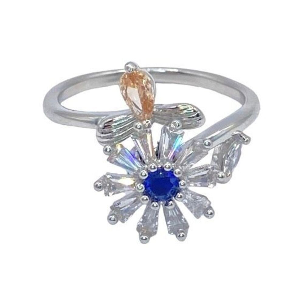 Silver cubic zirconia flower bee fidget ring size 8